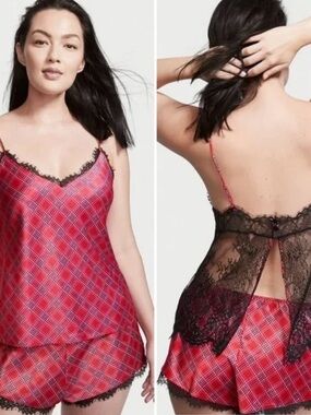 Red Plaid Lace-Trim Cami Top